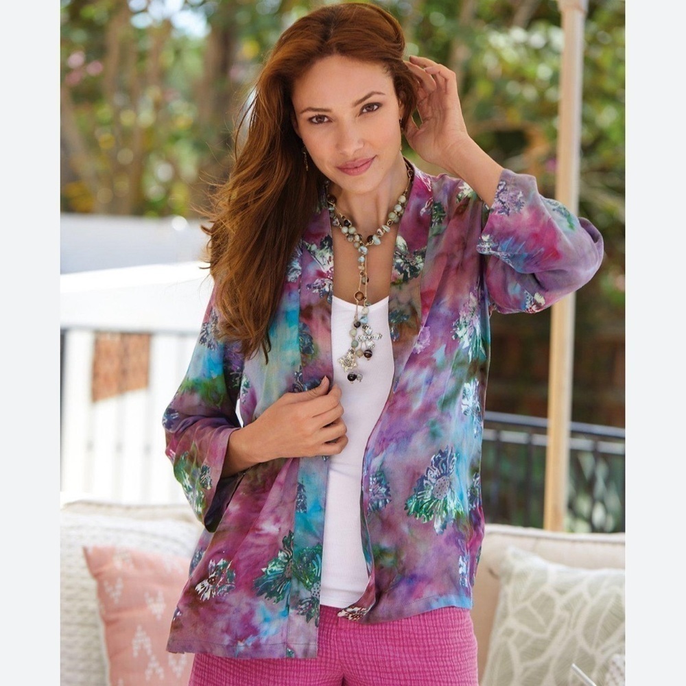 Soft Surroundings | Batik Floral Topper Open Front Tie Dye Size XL
